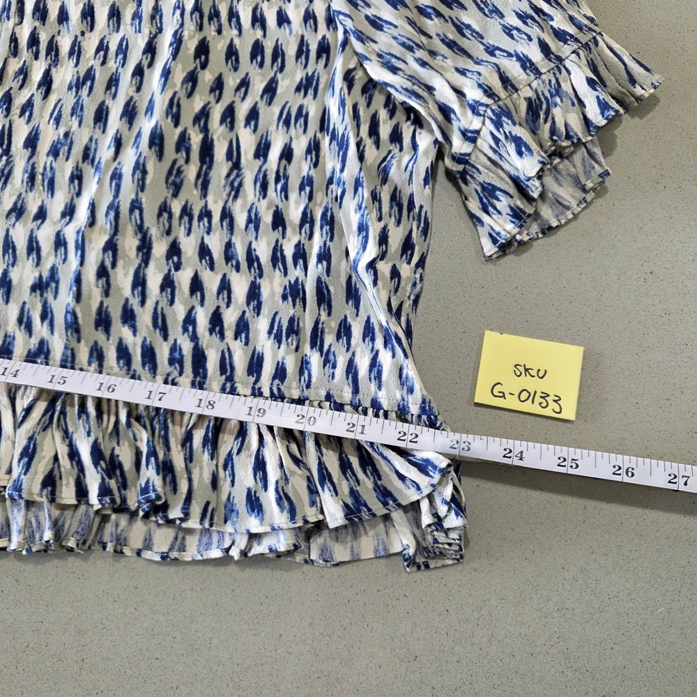 Madewell Blue White Ikat Ruffle Hem Lace Up Peasant Blouse Top Large